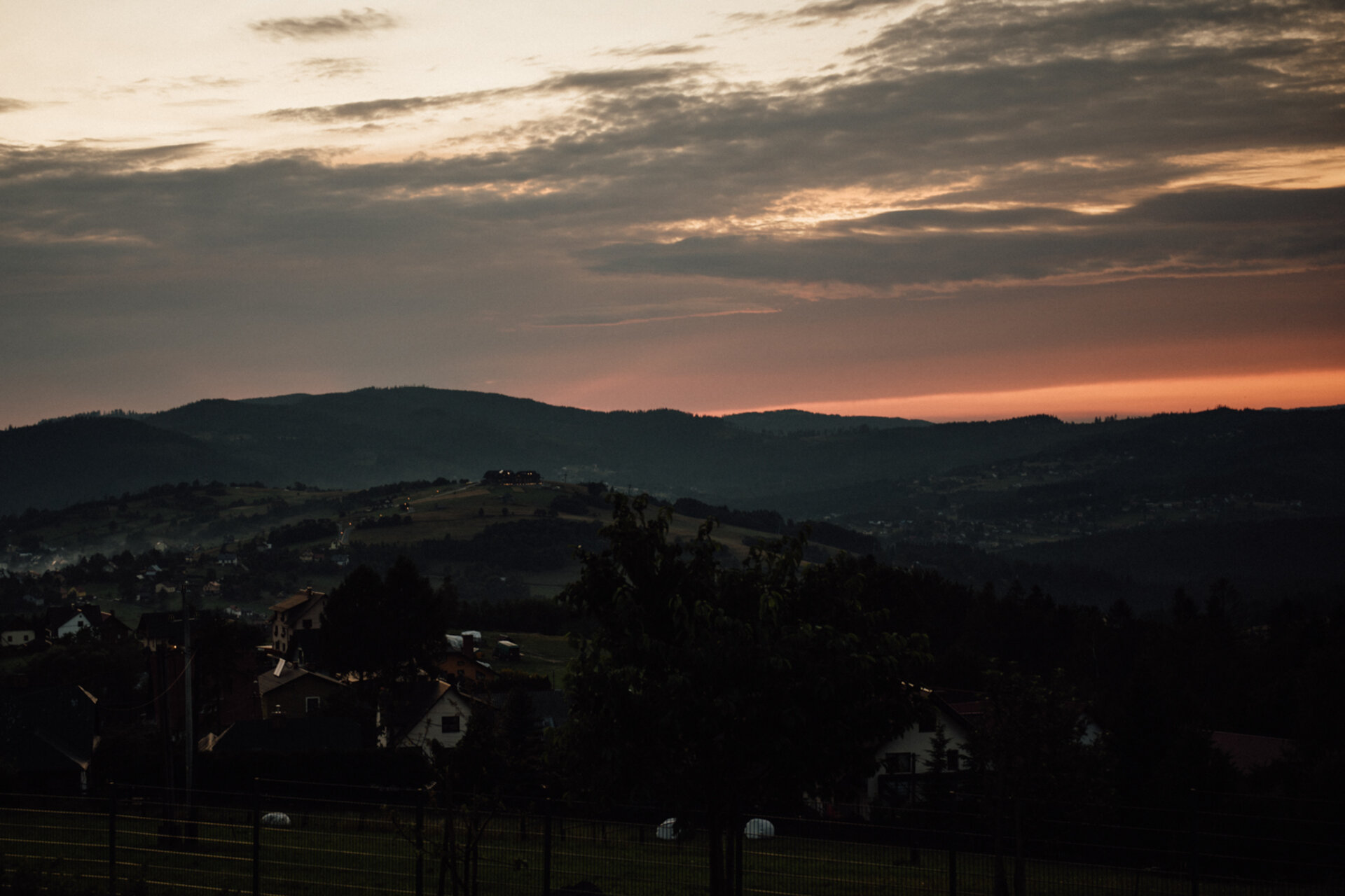 Sunset over the Beskid hills as seen from the village